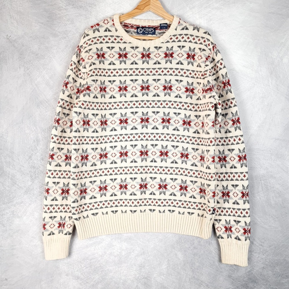 Chaps Ralph Lauren Sweater Mens Large Fair Isle Nordic Knit Crewneck Pullover